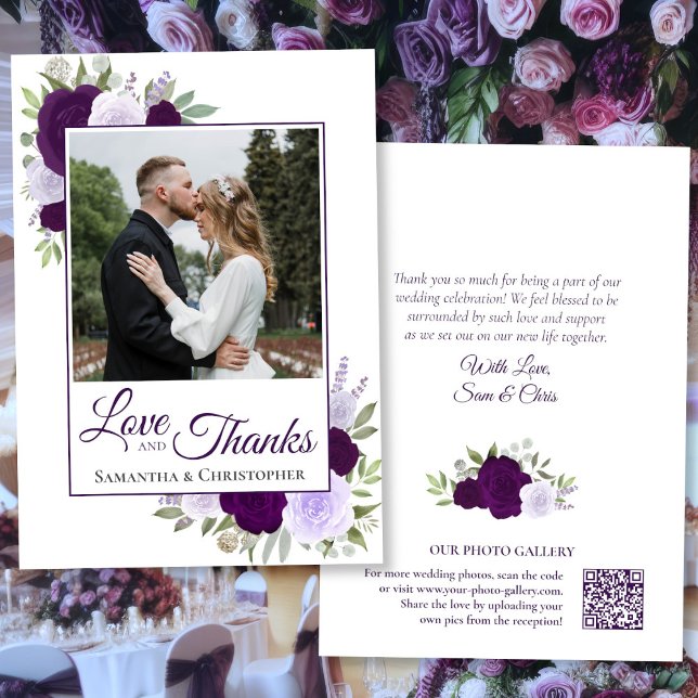 Purple Roses Love & Thanks Photo QR Code Wedding Thank You Card (Front/Back)