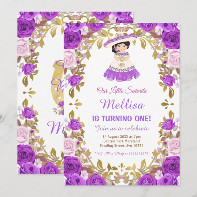 Purple Roses Mexican Floral Girl Fiesta Birthday   Invitation (Front/Back)