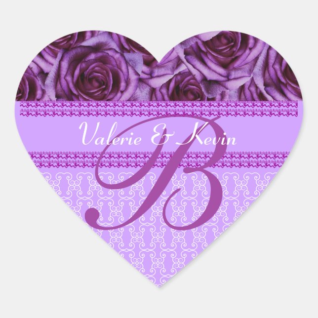 Purple Roses Monogram Letter B Wedding Sticker (Front)