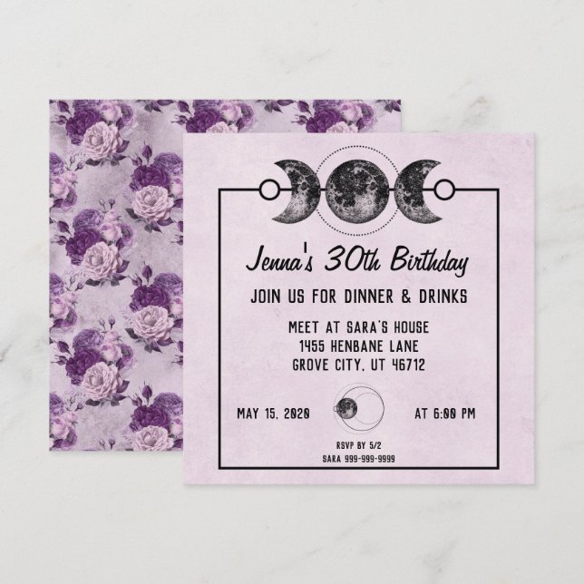 Purple Roses & Moons Fantasy Birthday Invites (Front/Back)