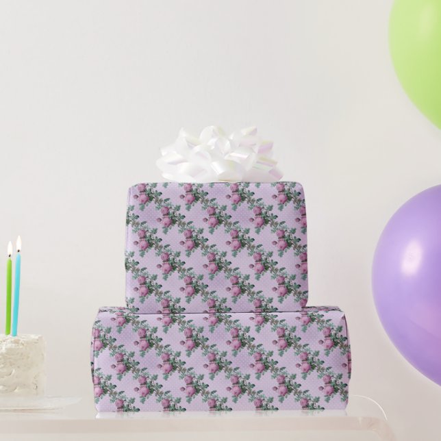 Purple Roses on Lavender and White Polka Dots Wrapping Paper (Party Gifts)