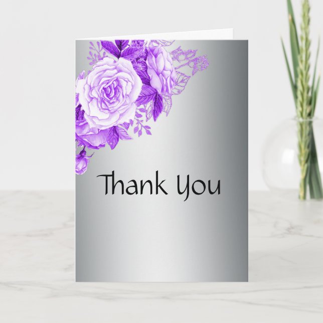 Purple Roses on Metallic Silver Wedding  Thank You Card (Front)
