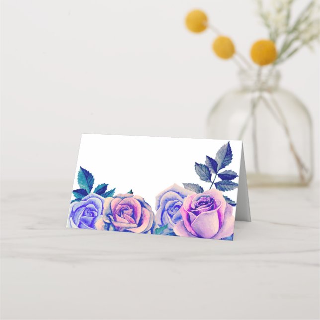 Purple roses seating card. Blue wedding floral Place Card (Front)