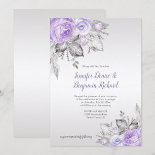 Purple Roses Silver Leaves - Silver - Wedding   Invitation