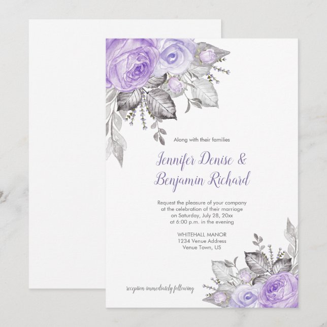 Purple Roses Silver Leaves - White - Wedding | Invitation (Front/Back)
