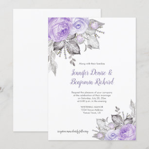 Purple Roses Silver Leaves - White - Wedding   Invitation