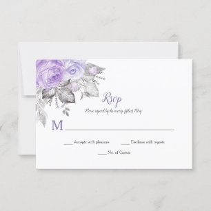 Purple Roses Silver Leaves - White - Wedding RSVP Card