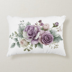 Purple Roses Watercolor Florals Greenery Elegant Decorative Cushion