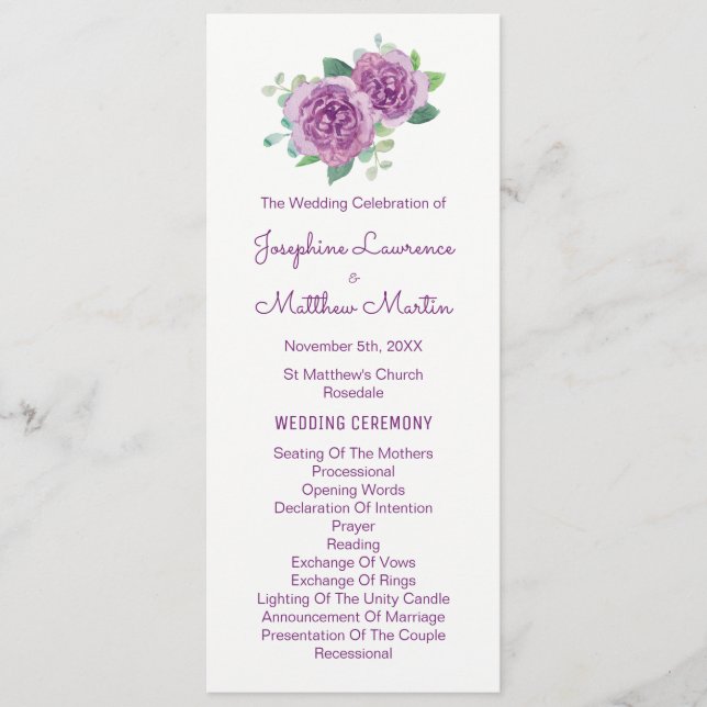 Purple Roses Watercolor Wedding Programs Programme (Front)