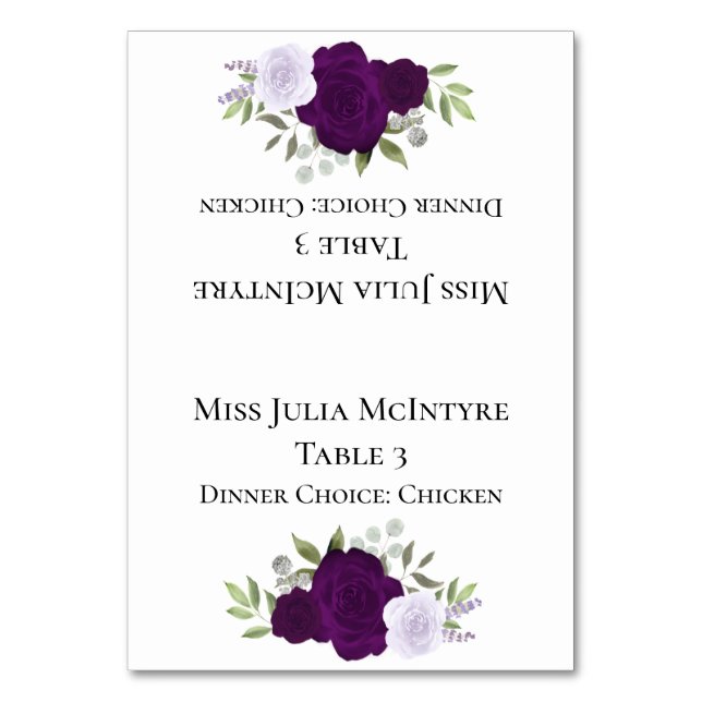 Purple Roses Wedding DIY Fold Place Card w/Meal (Front)