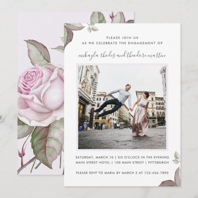 Purple Roses Wedding Engagement Photo Invitation (Front/Back)