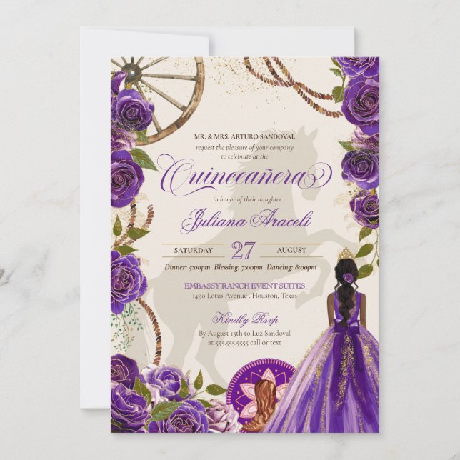 Purple Roses Western Ranch Charro Quinceanera Invi Invitation (Front)