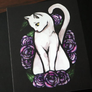 Purple roses white cat rose postcard