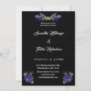 Purple Roses with Gold Moth Gothic Wedding Invitation