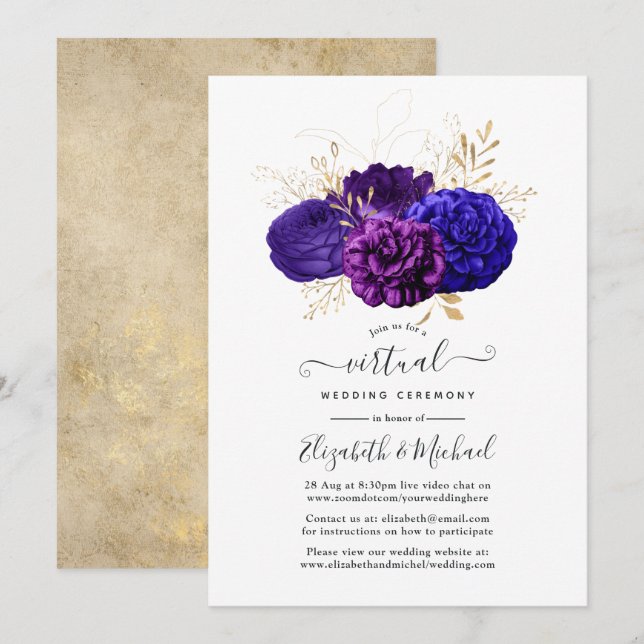 Purple, Royal Blue and Gold Floral Virtual Wedding Invitation (Front/Back)