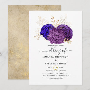 Purple, Royal Blue and Gold Floral Wedding Invitation