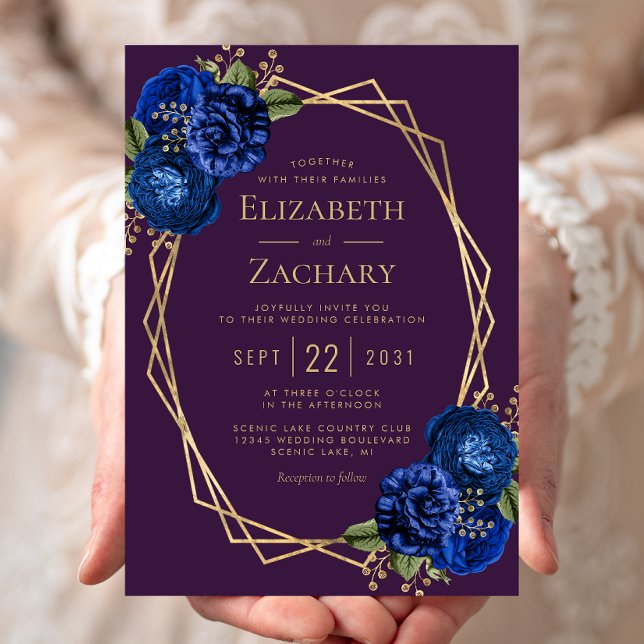 Purple Royal Blue Floral Gold Geometric Wedding Invitation (Creator Uploaded)