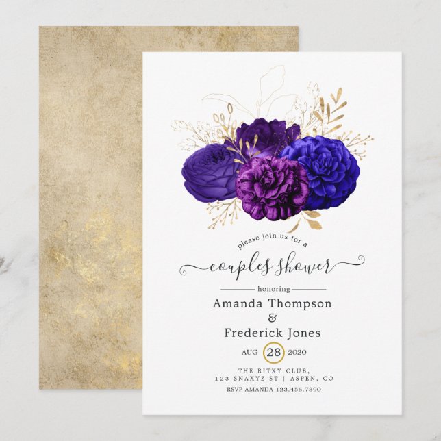 Purple, Royal Blue & Gold Floral Couples Shower Invitation (Front/Back)
