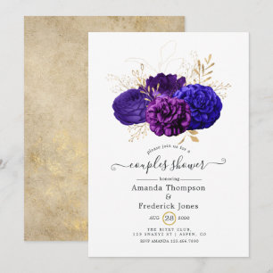 Purple, Royal Blue & Gold Floral Couples Shower Invitation