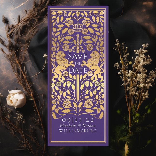 Purple Royal Lion Mediaeval Gold Wedding Invitation (Creator Uploaded)