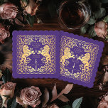 Purple Royal Lion Mediaeval Sword Wedding Paper Coaster<br><div class="desc">Add royal charm to your tablescape! These custom wedding coasters feature a majestic lion and floral design with your names and monogram, all in luxurious gold against a Purple background. Perfect for a mediaeval fantasy celebration with timeless elegance! The gold featured on this item is NOT real foil and is...</div>