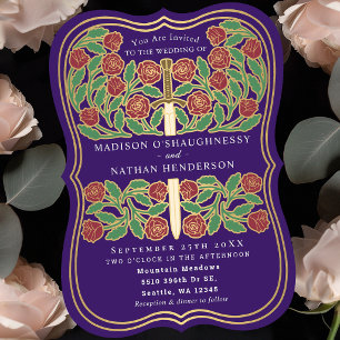 Purple Royal Mediaeval Floral Sword Wedding Invitation