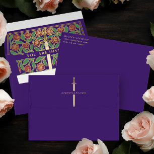 Purple Royal Mediaeval Gold Floral Sword Wedding Envelope