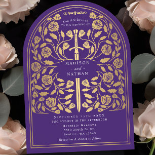 Purple Royal Mediaeval Gold Sword Wedding Arch Invitation