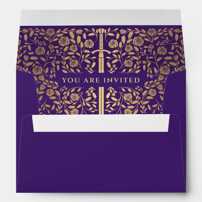 Purple Royal Mediaeval Gold Sword Wedding Envelope (Back (Bottom))