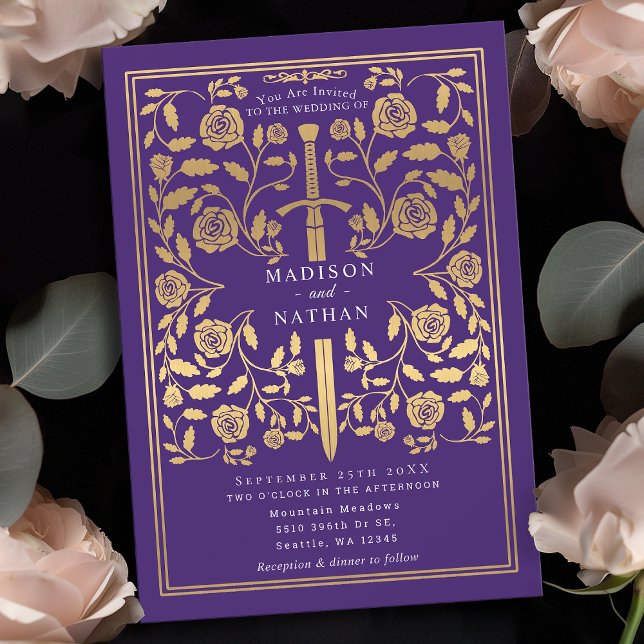 Purple Royal Mediaeval Gold Sword Wedding Invitation (Creator Uploaded)