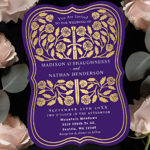Purple Royal Mediaeval Gold Sword Wedding Invitation