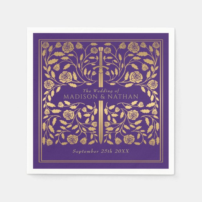 Purple Royal Mediaeval Gold Sword Wedding Napkin (Front)