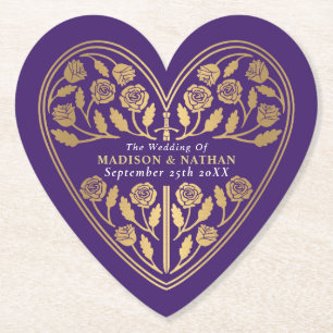 Purple Royal Mediaeval Gold Sword Wedding Paper Coaster