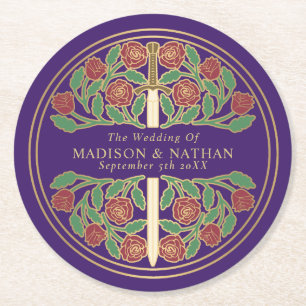 Purple Royal Mediaeval Gold Sword Wedding Round Paper Coaster