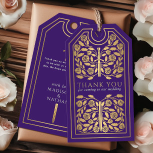 Purple Royal Mediaeval Gold Sword Wedding Thank Yo Gift Tags