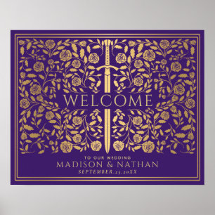 Purple Royal Mediaeval Gold Sword Wedding Welcome Poster