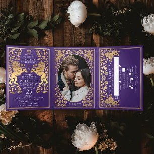 Purple Royal Mediaeval Lion Wedding Tri-Fold Invitation