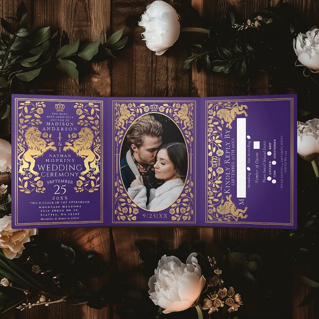 Purple Royal Mediaeval Lion Wedding Tri-Fold Invitation (Creator Uploaded)