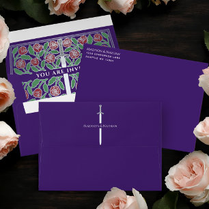 Purple Royal Mediaeval Silver Floral Sword Wedding Envelope