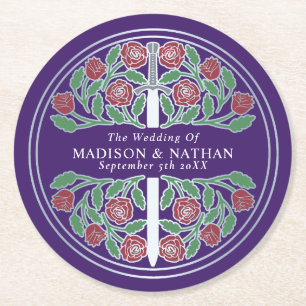 Purple Royal Mediaeval Silver Sword Wedding Round Paper Coaster