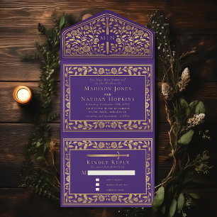 Purple Royal Mediaeval Sword Wedding  All In One Invitation