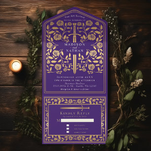 Purple Royal Mediaeval Sword Wedding  All In One Invitation