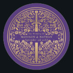 Purple Royal Mediaeval Sword Wedding Classic Round Sticker<br><div class="desc">Celebrate your special day with this Royal Mediaeval Sword Wedding design. The design on the back of the invite is NOT real gold foil. You can customise this further by clicking on the "PERSONALIZE" button.</div>