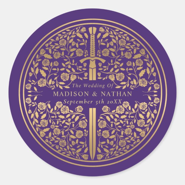 Purple Royal Mediaeval Sword Wedding Classic Round Sticker (Front)