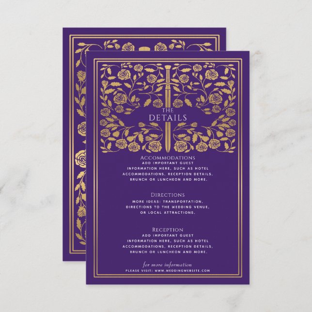  Purple Royal Mediaeval Sword Wedding Details  Enclosure Card (Front/Back)
