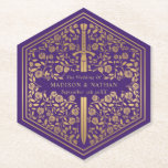 Purple Royal Mediaeval Sword Wedding Paper Coaster<br><div class="desc">Celebrate your special day with this Royal Mediaeval Sword Wedding design. The design on the back of the invite is NOT real gold foil. You can customise this further by clicking on the "PERSONALIZE" button.</div>