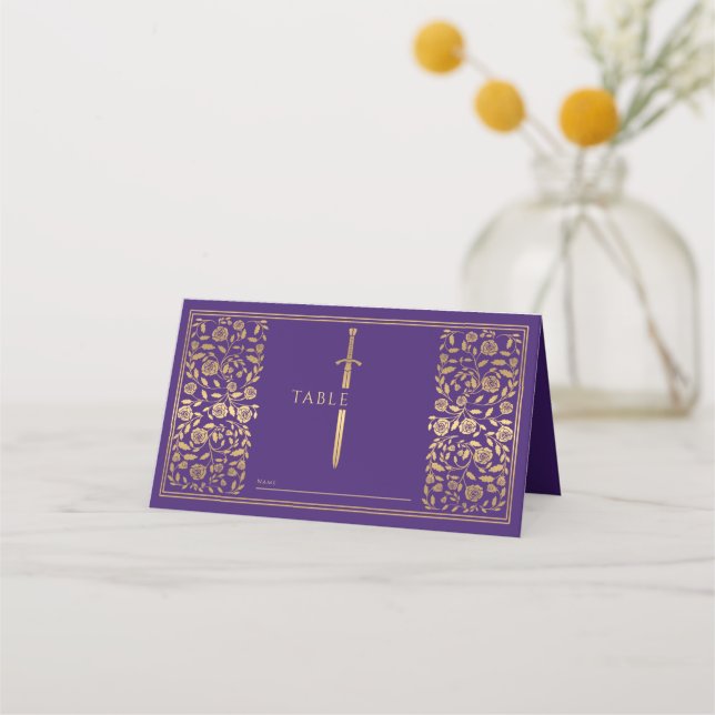 Purple Royal Mediaeval Sword Wedding Place Card (Front)