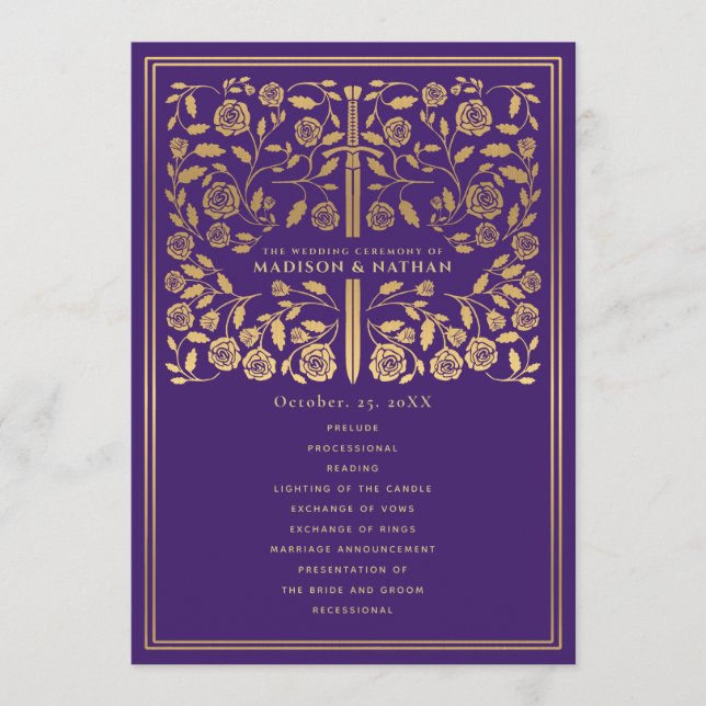 Purple Royal Mediaeval Sword Wedding Program Programme (Front)