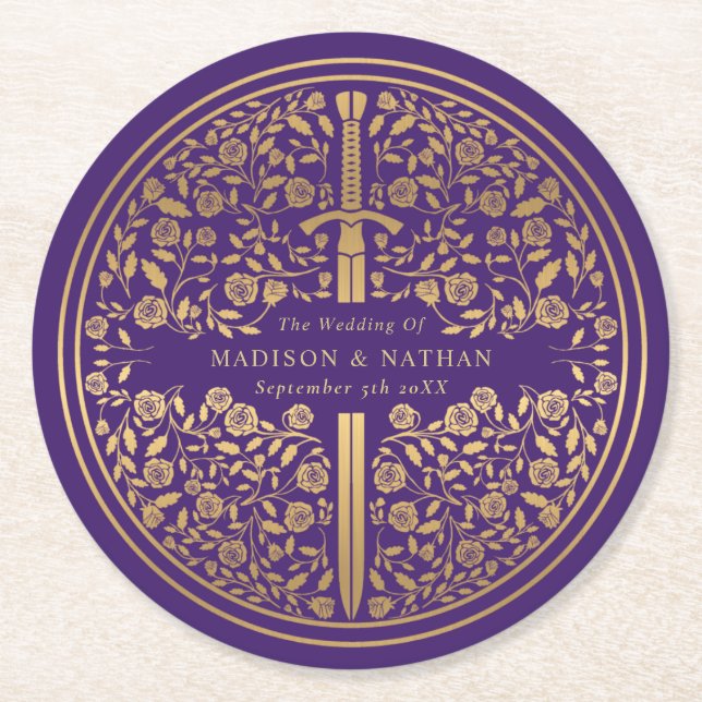 Purple Royal Mediaeval Sword Wedding Round Paper Coaster (Front)