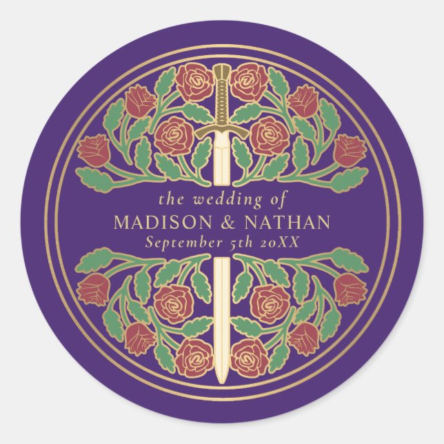 Purple Royal Medieval Sword Wedding  Classic Round Sticker (Front)